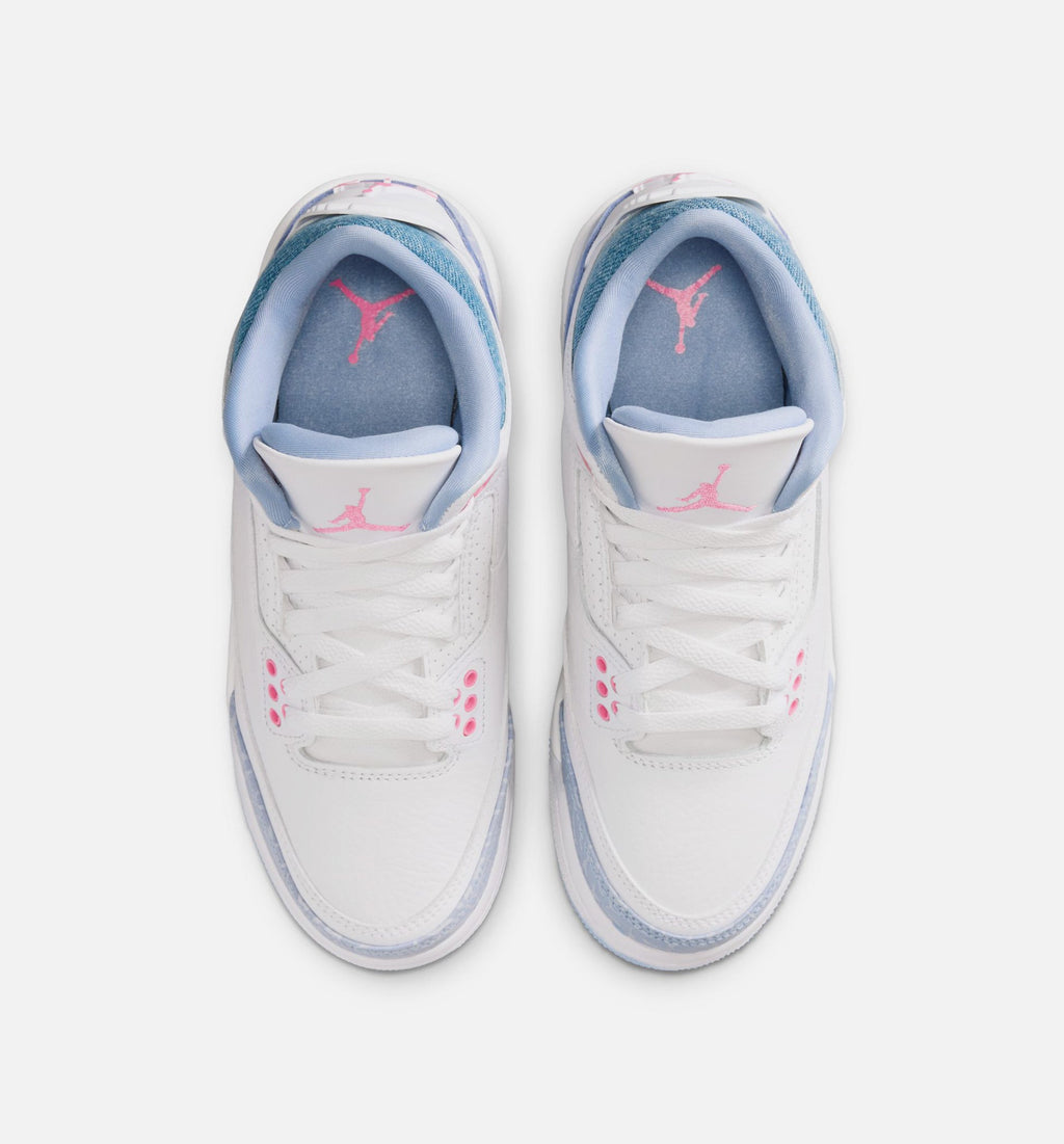 Air Jordan 3 Retro 大童生活方式运动鞋 - 白色/髭蓝/足球灰/粉色发光（Cobalt Bliss）